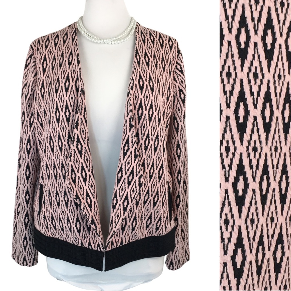Retro Pink Black Diamond Geometric Pattern Knit Open Front Jacket size X-Large